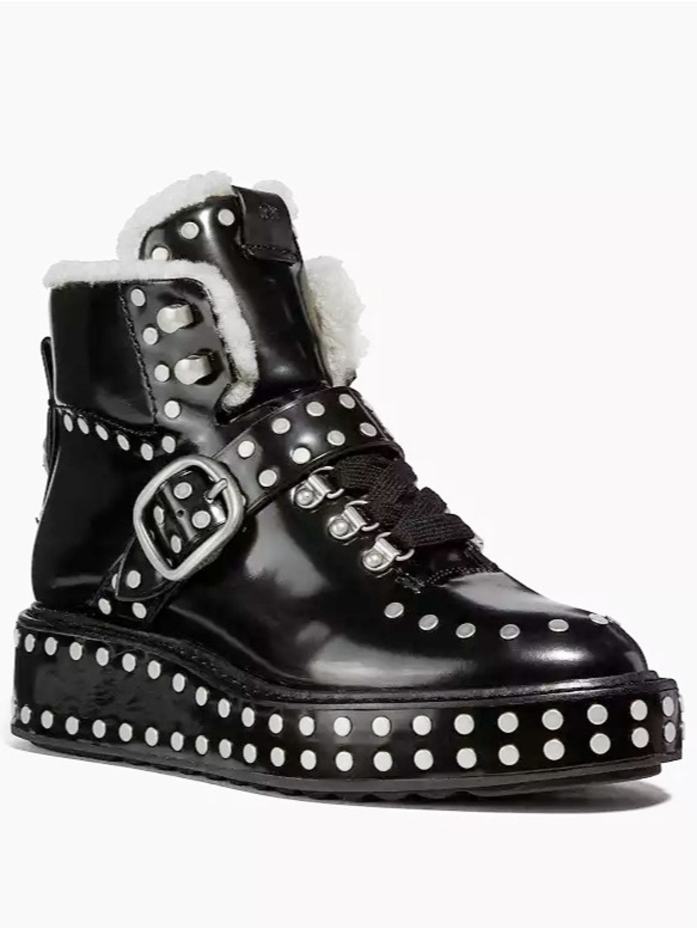 🆕{Coach} Patent Leather City Hiker Silver Studded Booties